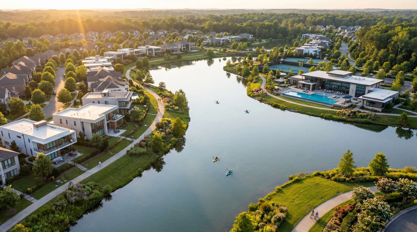 Griffith Lakes aerial view — lakeside community by Toll Brothers, Charlotte NC